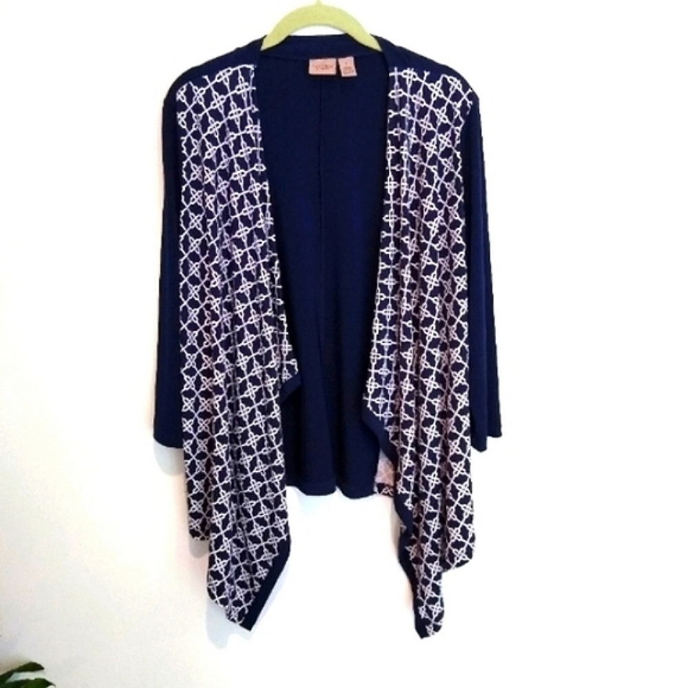 Chico's Jacket Drape Front Waterfall Navy Blue and White Stretch Size M